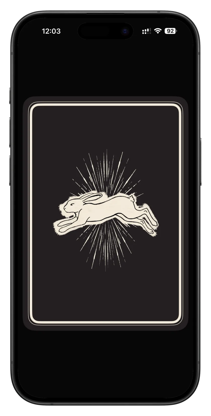 RUN card back featuring a hand-drawn rabbit and radiating lines
