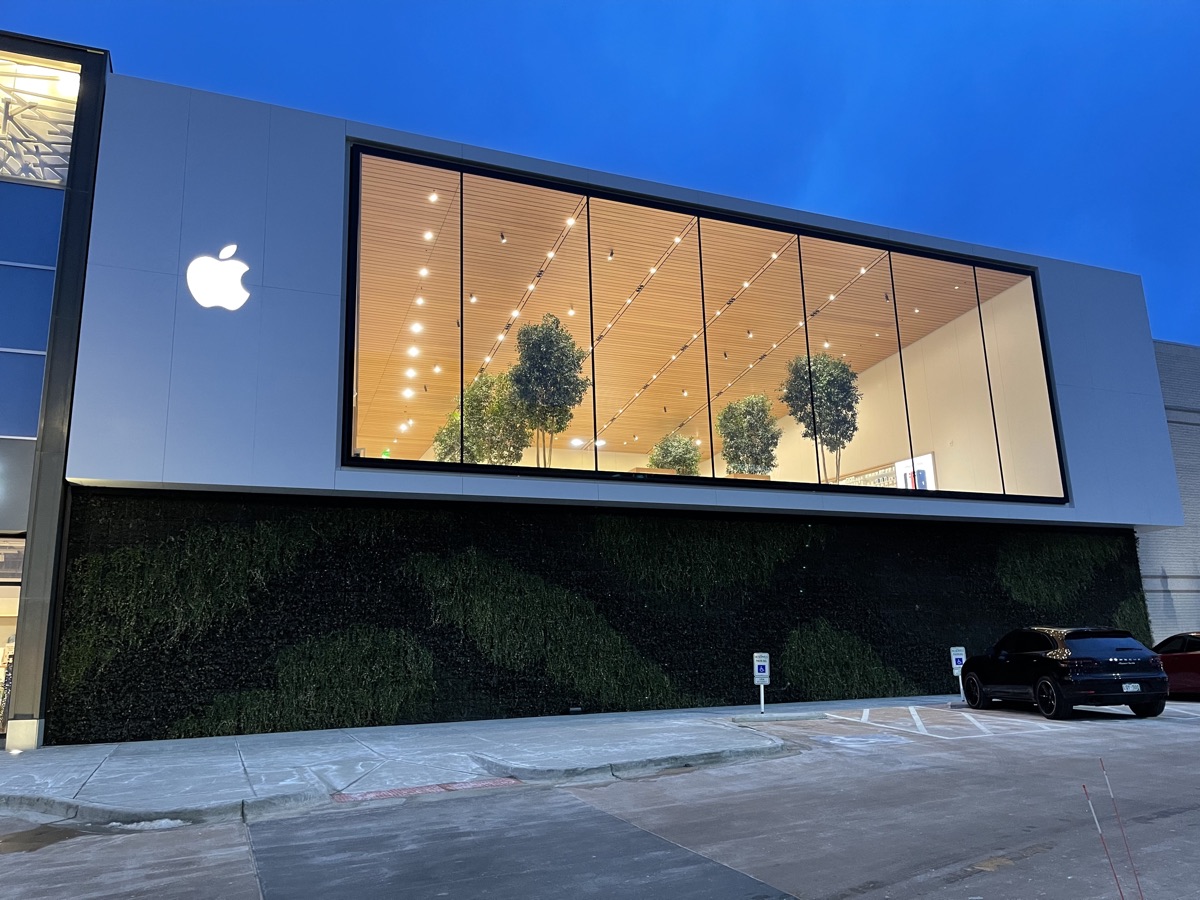 Apple Store exterior at blue hour